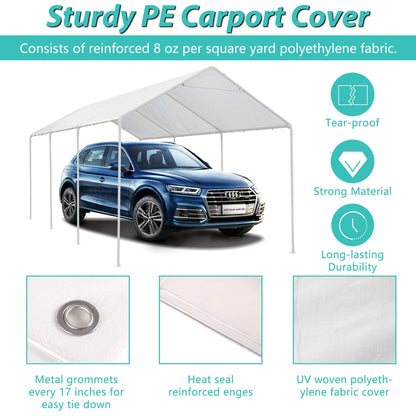 Thanaddo 12 x 20 Ft Carport Replacement Canopy Cover Garage Top Tent Shelter Tarp with Free 50 Ball Bungee Cords,White(Only Cover, Frame Not Include)
