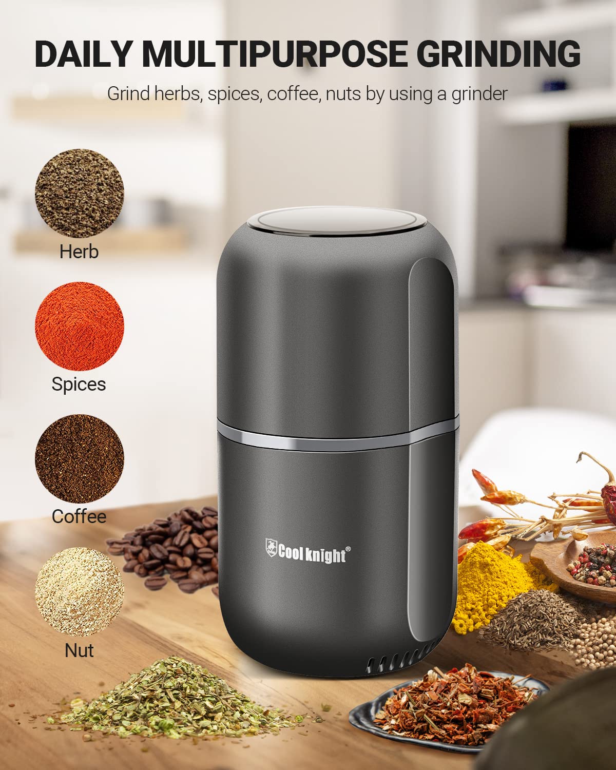 COOL KNIGHT Herb Grinder Electric Spice Grinder [Large Capacity/High Rotating Speed/Electric]- Electric Grinder for Spices and Herbs (Grey 2) COOL KNIGHT