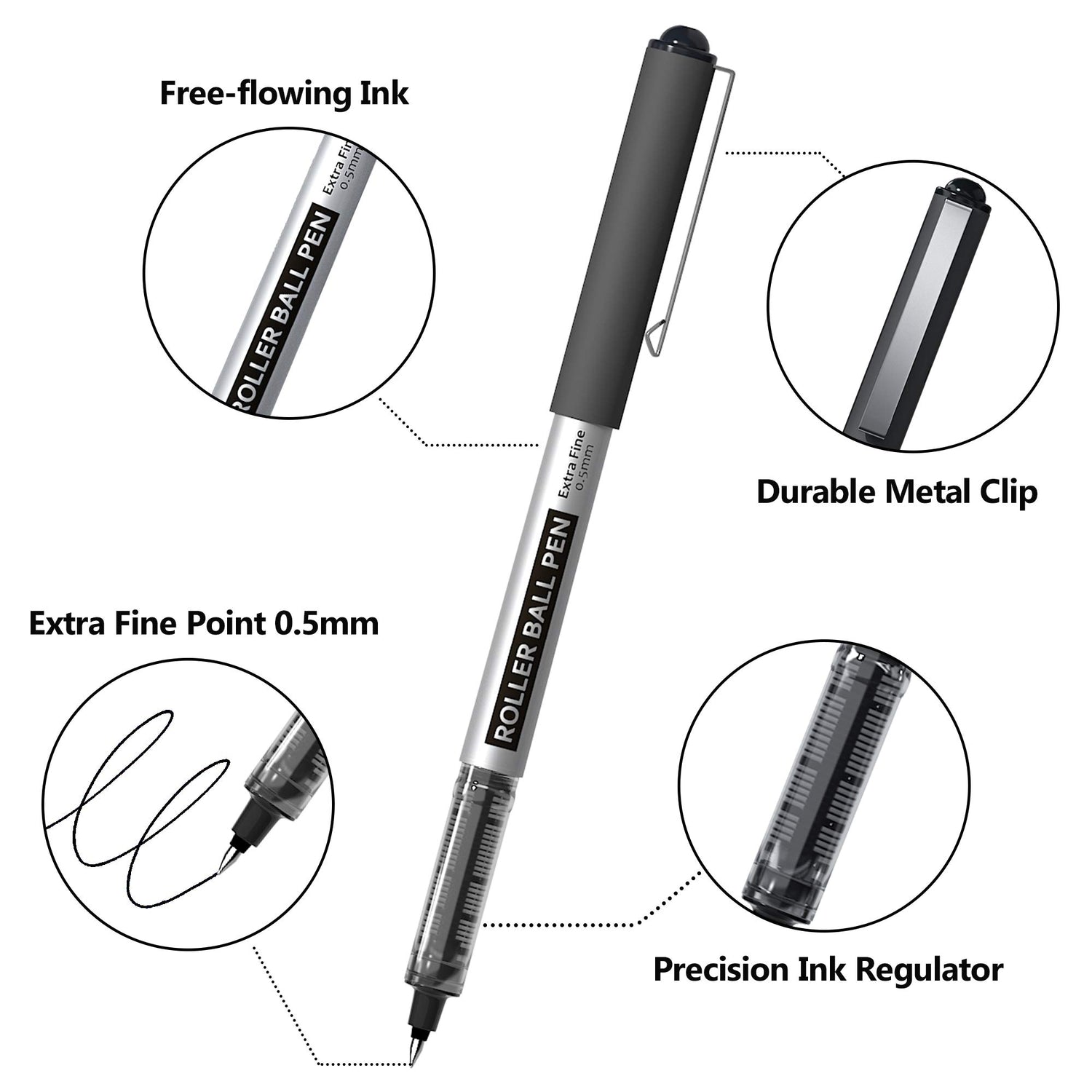 Shuttle Art RollerBall Pens, 25 Pack Black Fine Point Roller Ball Pens, 0.5mm Liquid Ink Pens for Writing Journaling Taking Notes School Office Shuttle Art