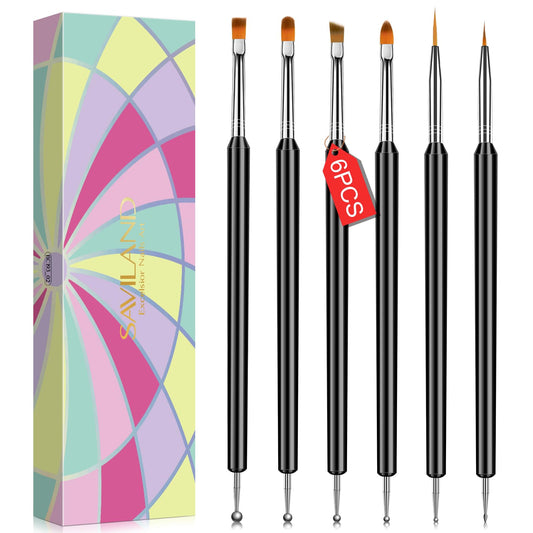 Saviland Nail Art Brushes Set - 6pcs Double-End Nail Art Brushes Kit Professional Nail Art Tools Kit with Painting Dotting Line Pen for Gel Polish