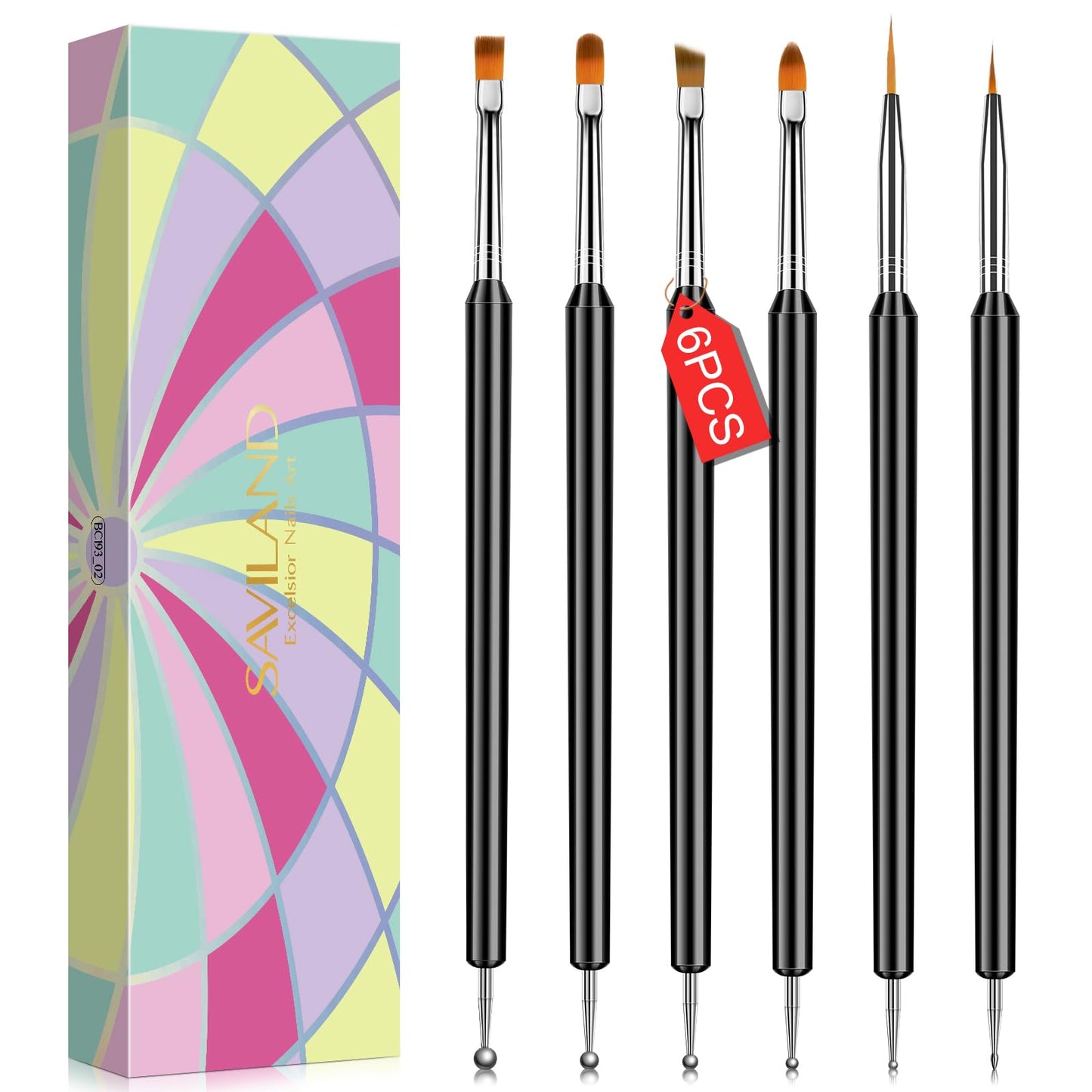 Saviland Nail Art Brushes Set - 6pcs Double-End Nail Art Brushes Kit Professional Nail Art Tools Kit with Painting Dotting Line Pen for Gel Polish - WoodArtSupply