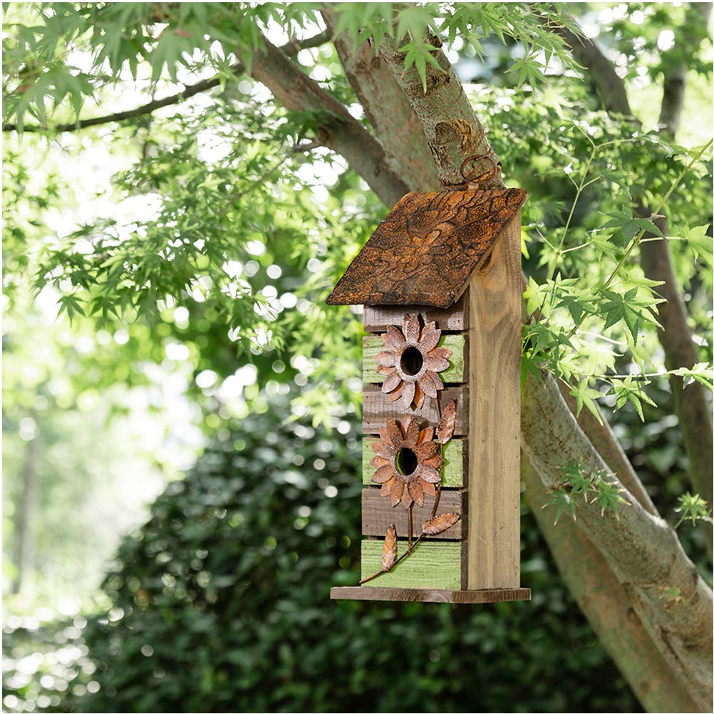 Glitzhome 14.5" H Wooden Garden Bird House Hanging Two-Tiered Distressed with Flowers Decorative Birdhouse glitzhome