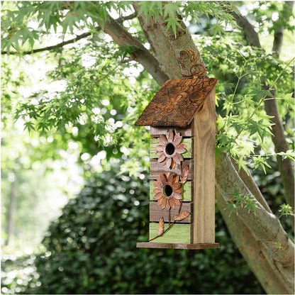 Glitzhome 14.5" H Wooden Garden Bird House Hanging Two-Tiered Distressed with Flowers Decorative Birdhouse - WoodArtSupply