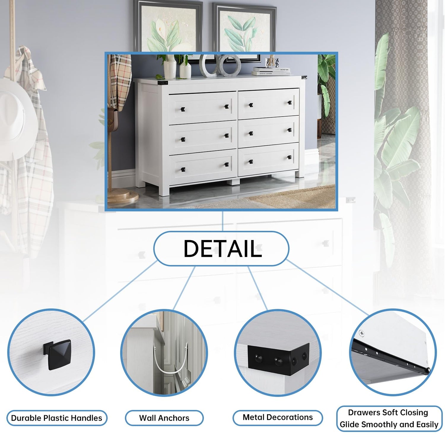 HUANLEGO White Dresser for Bedroom with 6 Drawers, Modern Chest of Drawers, Wood Rustic Wide Storage Drawers Dressers Organizer for Closet, Living HUANLEGO