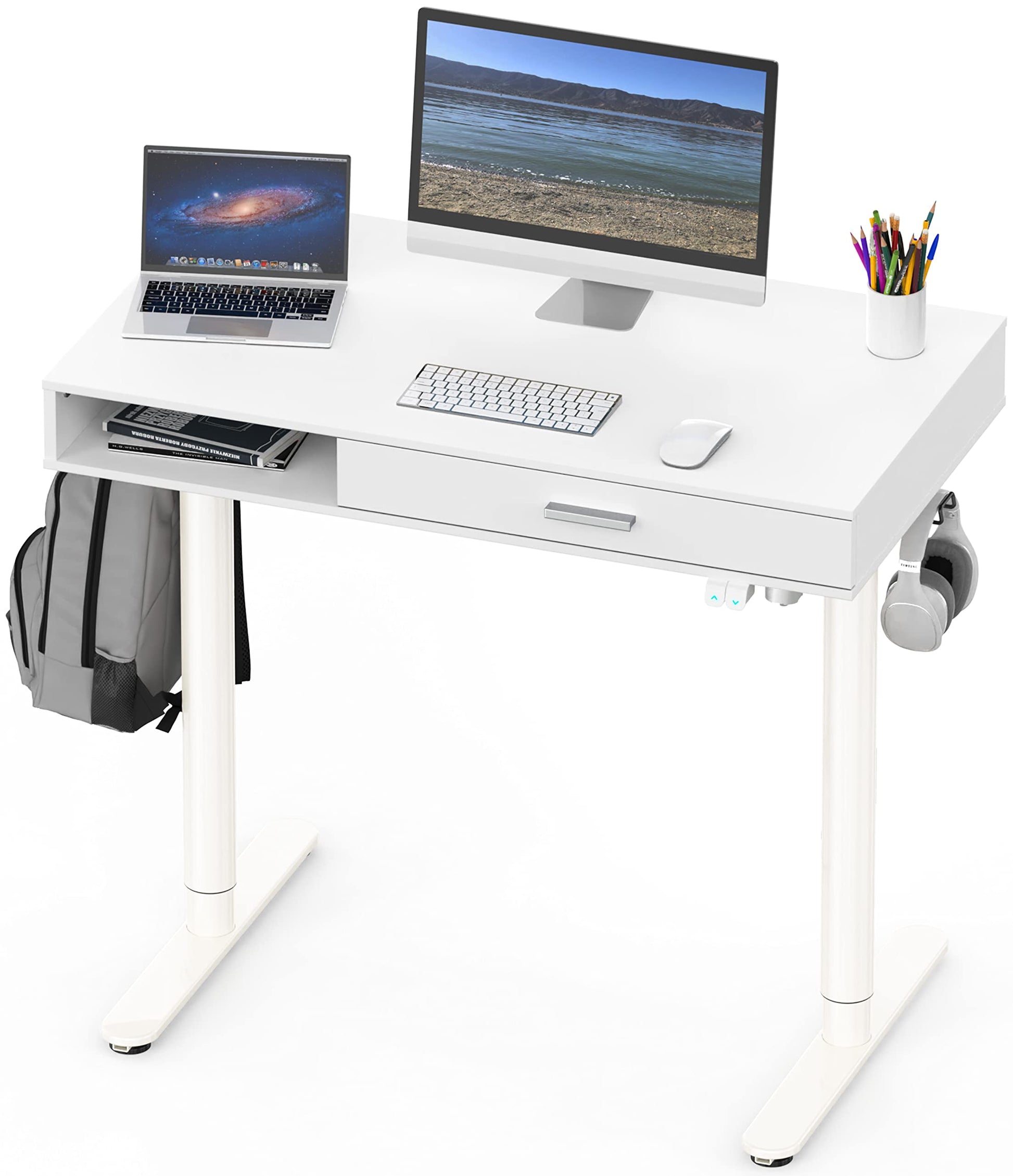 SHW Claire 40-Inch Height Adjustable Electric Standing Desk with Drawer, White - WoodArtSupply