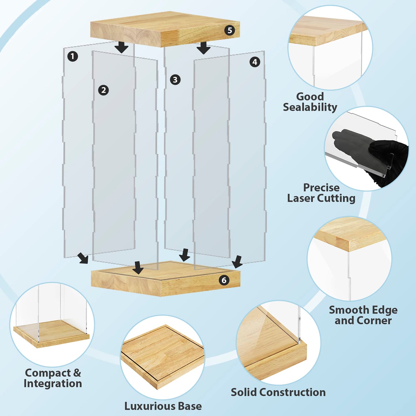 Clear Acrylic Display Case with Solid Butcherblock Base and Top for Trophy, Collectibles, Assemble Cube Display Box Stand Dust Proof Protection