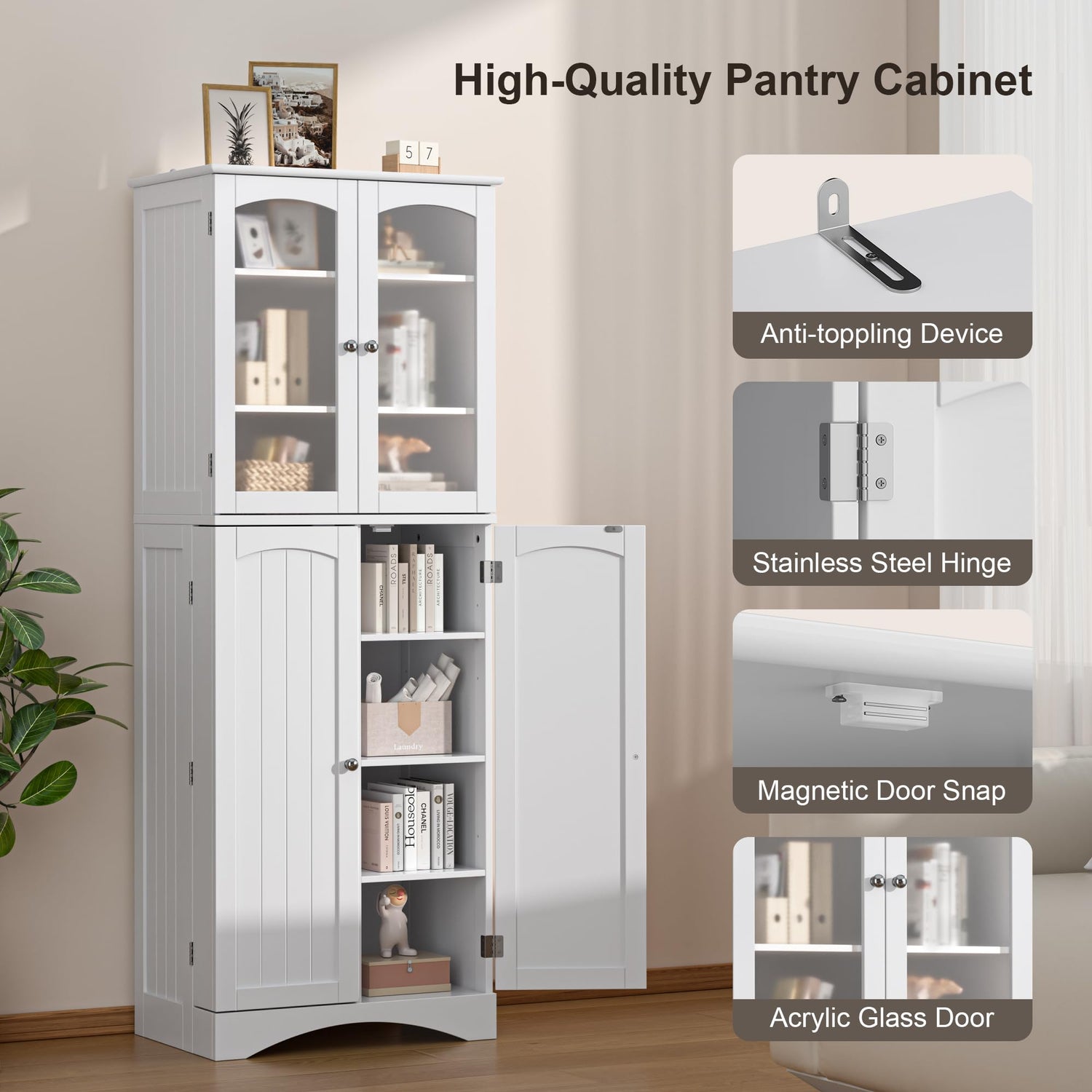 Gizoon 64" Kitchen Pantry Cabinet, Tall Storage Cabinet with Glass Doors and Adjustable Shelves, Freestanding Floor Cabinet Cupboard for Kitchen, Gizoon