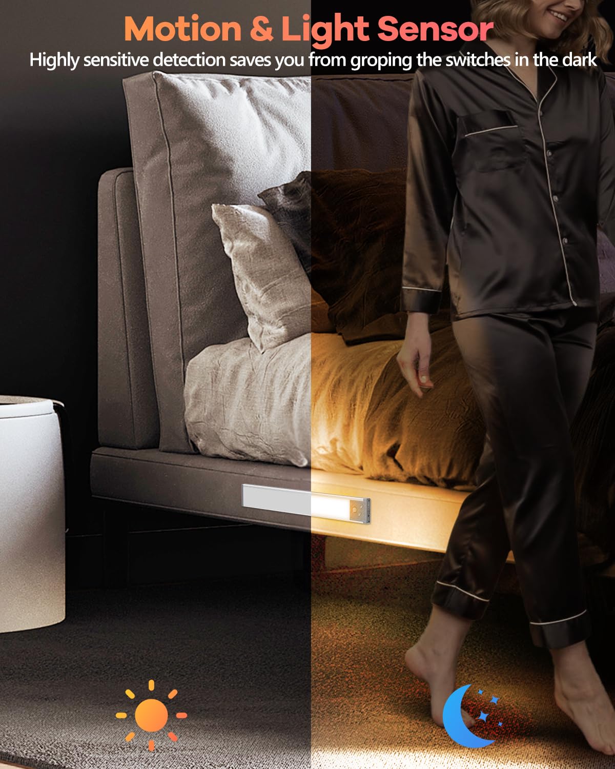 65 LED Under Cabinet Lights 2 Packs, 3 Color Temperatures Dimmable Motion Sensor Closet Lights, 2500mAh Rechargeable Under Counter , Wireless Night HIBOITEC