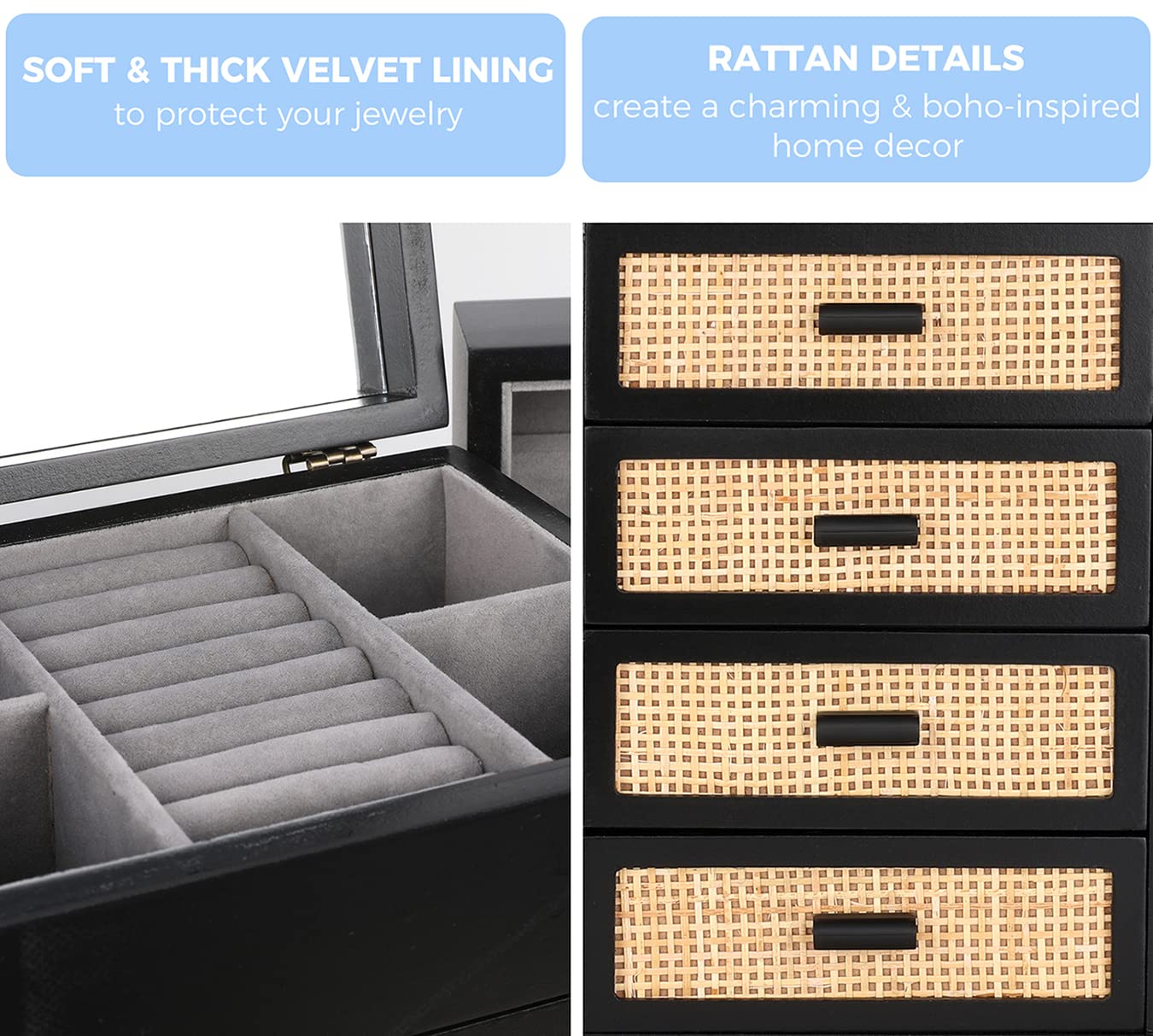 Jewelry Organizer, Rattan Jewelry Box, 5 Layer Wooden Jewelry Organizer Box with Mirror, Jewelry Boxes with 4 Drawers for Women Men, Black Jewelry Miss Rabbit