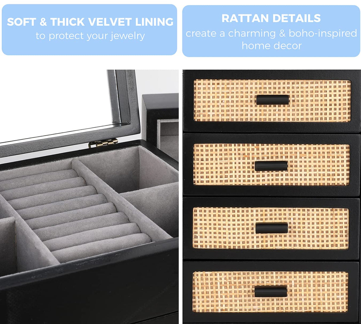 Jewelry Organizer, Rattan Jewelry Box, 5 Layer Wooden Jewelry Organizer Box with Mirror, Jewelry Boxes with 4 Drawers for Women Men, Black Jewelry Miss Rabbit