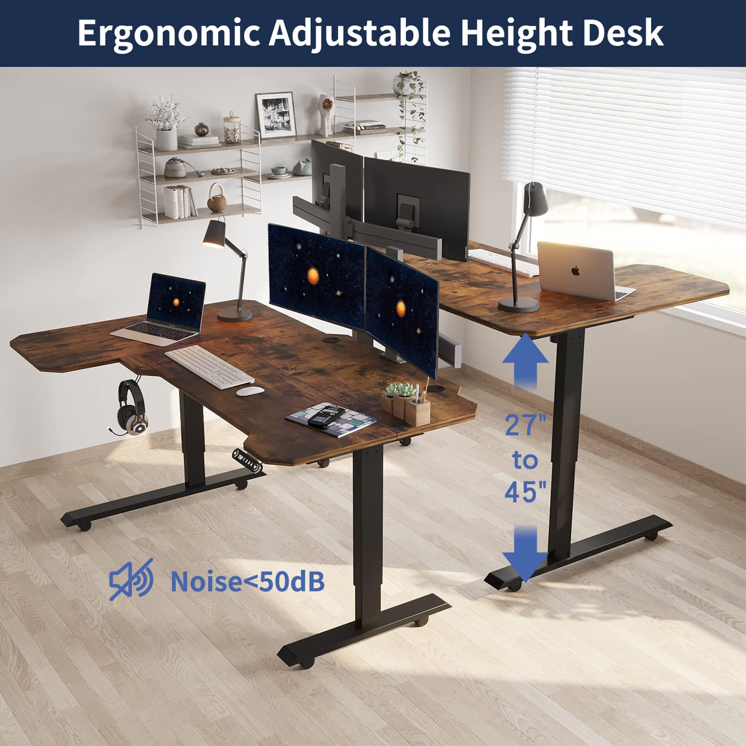 HEONAM 59'' L Shaped Electric Height Adjustable Standing Desk, Sit to Stand Home Office Computer Desk with Black Frame & Rustic Brown Top HEONAM