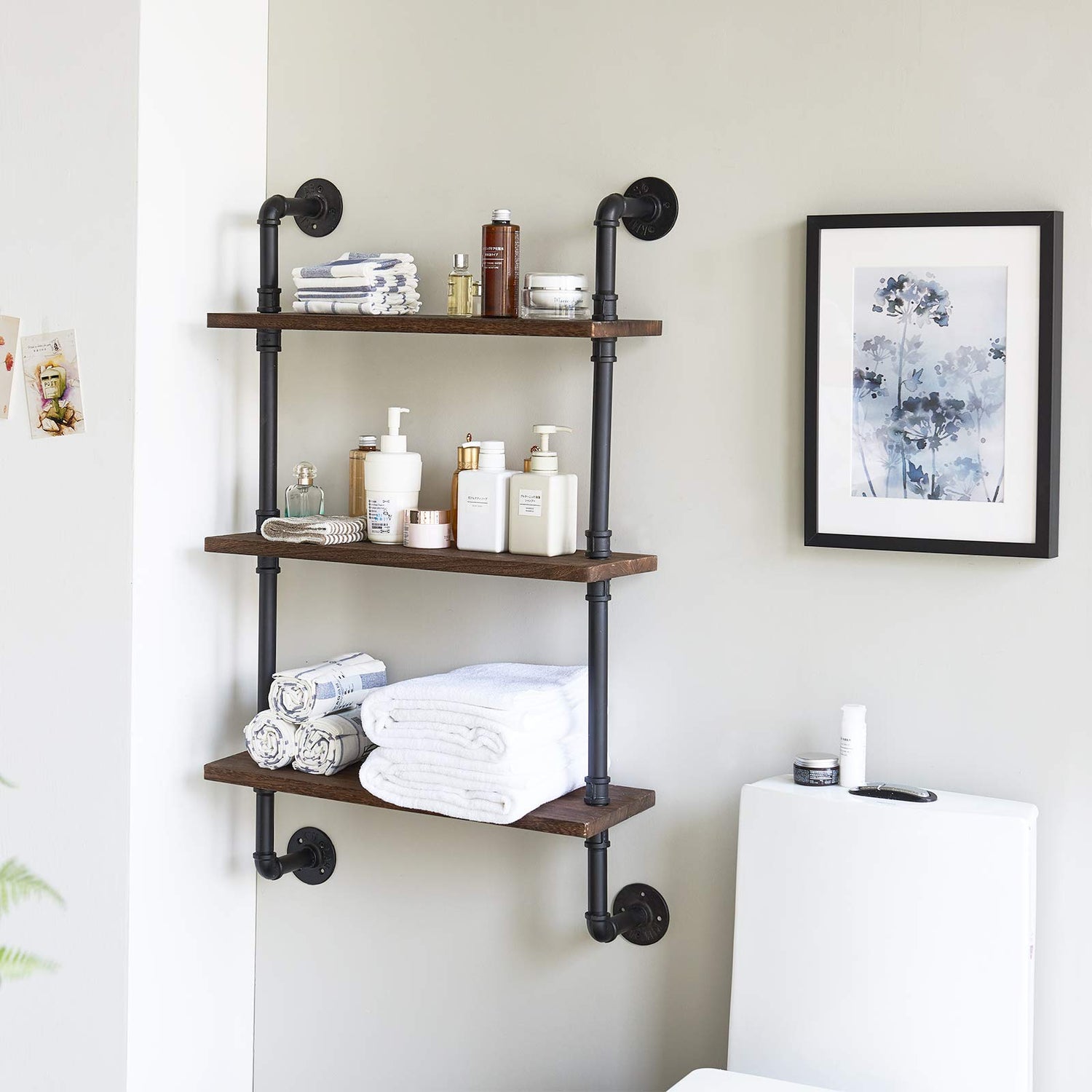 IBUYKE Pipe Floating Shelves,37.5" Industrial Pipe Shelves,3-Tier Rustic Wall Mount Bookcase,Metal Bracket Storage Wall Shelf for Bedroom, Kitchen, IBUYKE