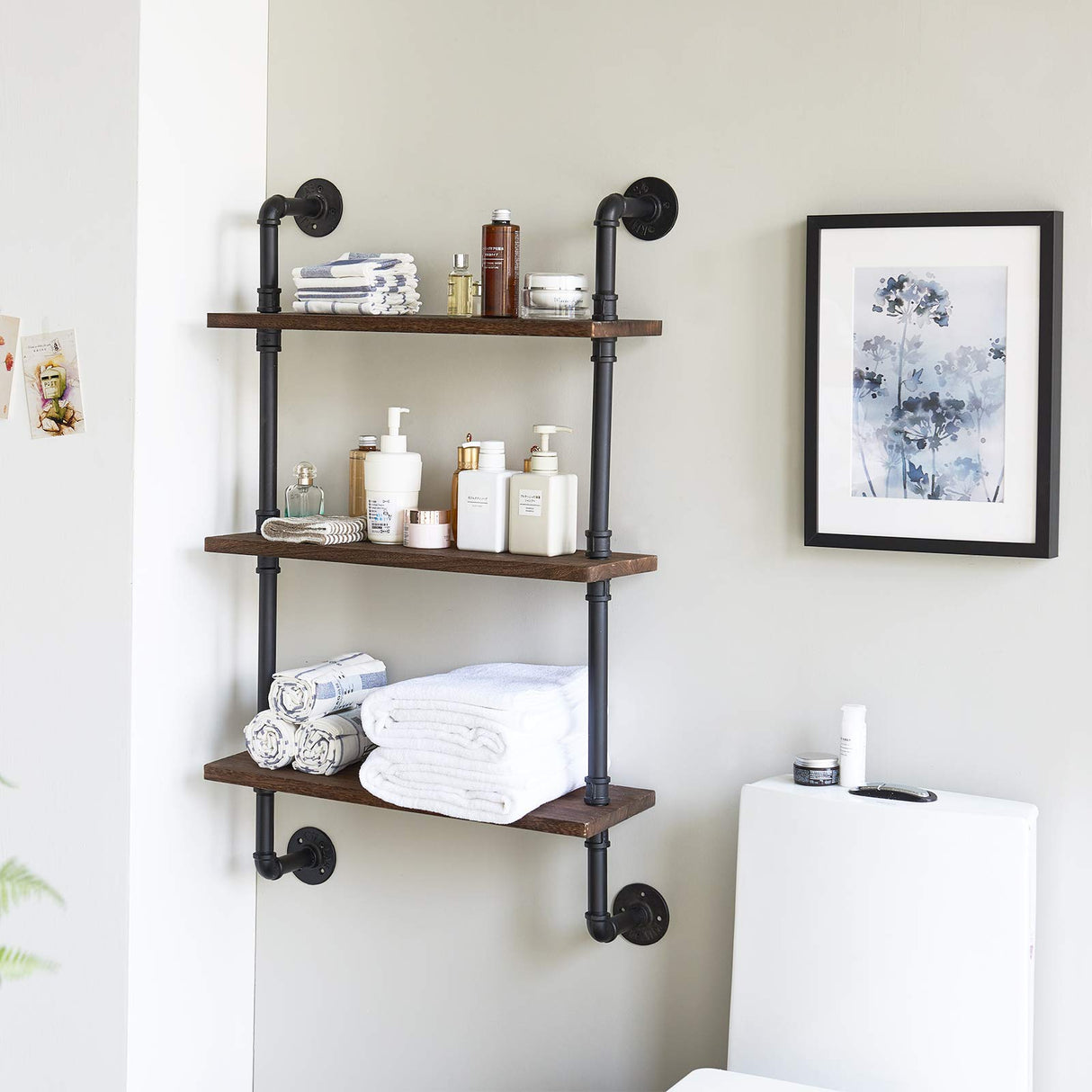 IBUYKE Pipe Floating Shelves,37.5" Industrial Pipe Shelves,3-Tier Rustic Wall Mount Bookcase,Metal Bracket Storage Wall Shelf for Bedroom, Kitchen, IBUYKE