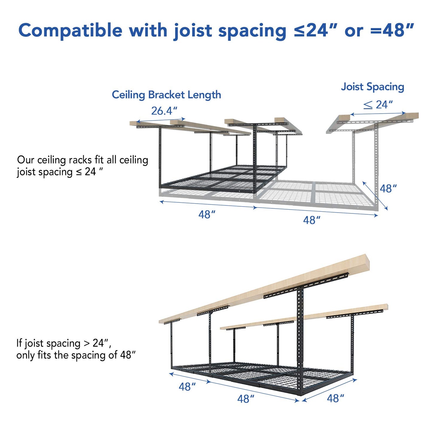 FLEXIMOUNTS 4x8 Overhead Garage Storage Rack, Adjustable Garage Storage Organization Systerm, Heavy Duty Metal Garage Ceiling Storage Racks, 600lbs