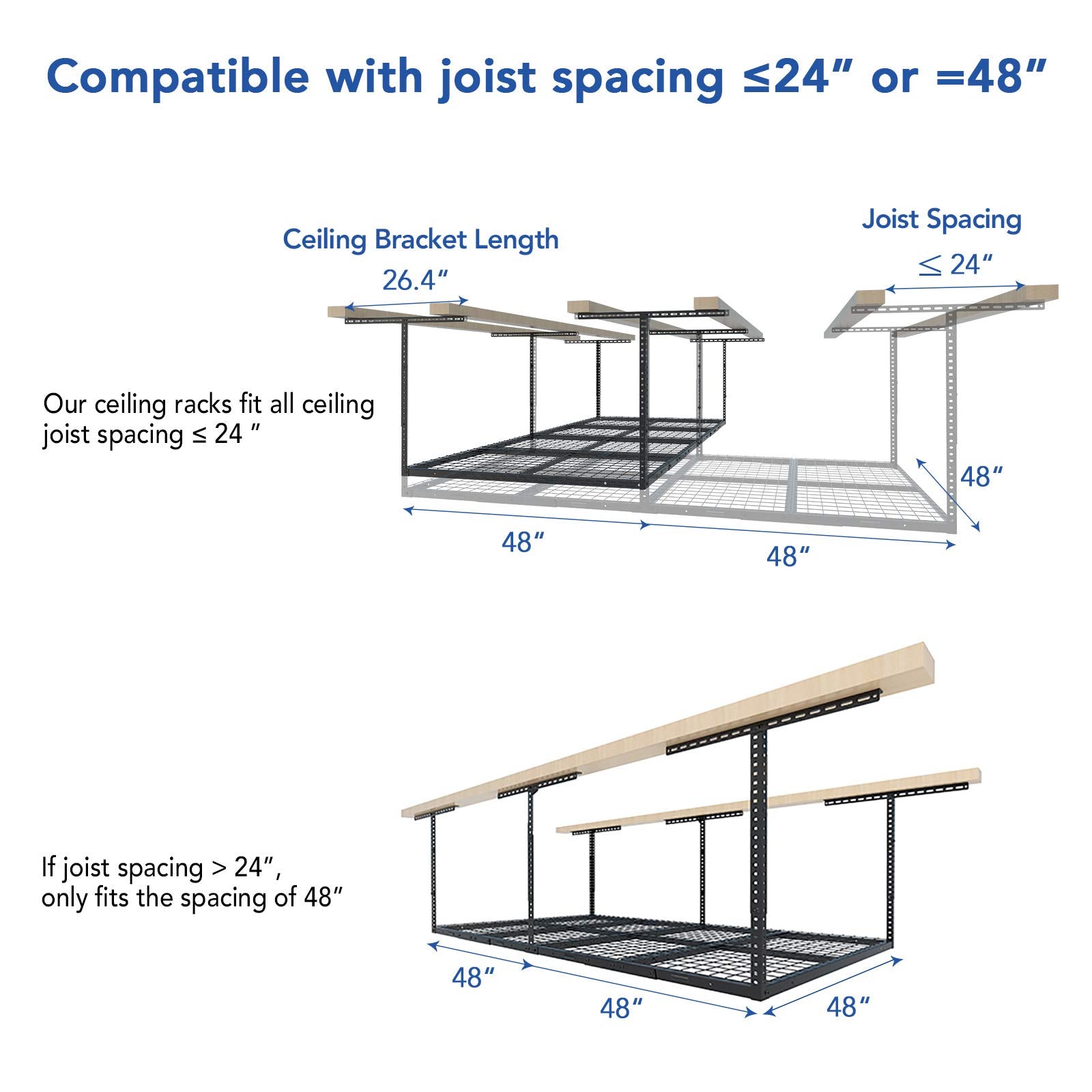 FLEXIMOUNTS 4x8 Overhead Metal Garage Storage Rack w/Hooks Adjustable Ceiling Storage Rack, 96" Length x 48" Width x 40" Height, 22''-40" Ceiling - WoodArtSupply