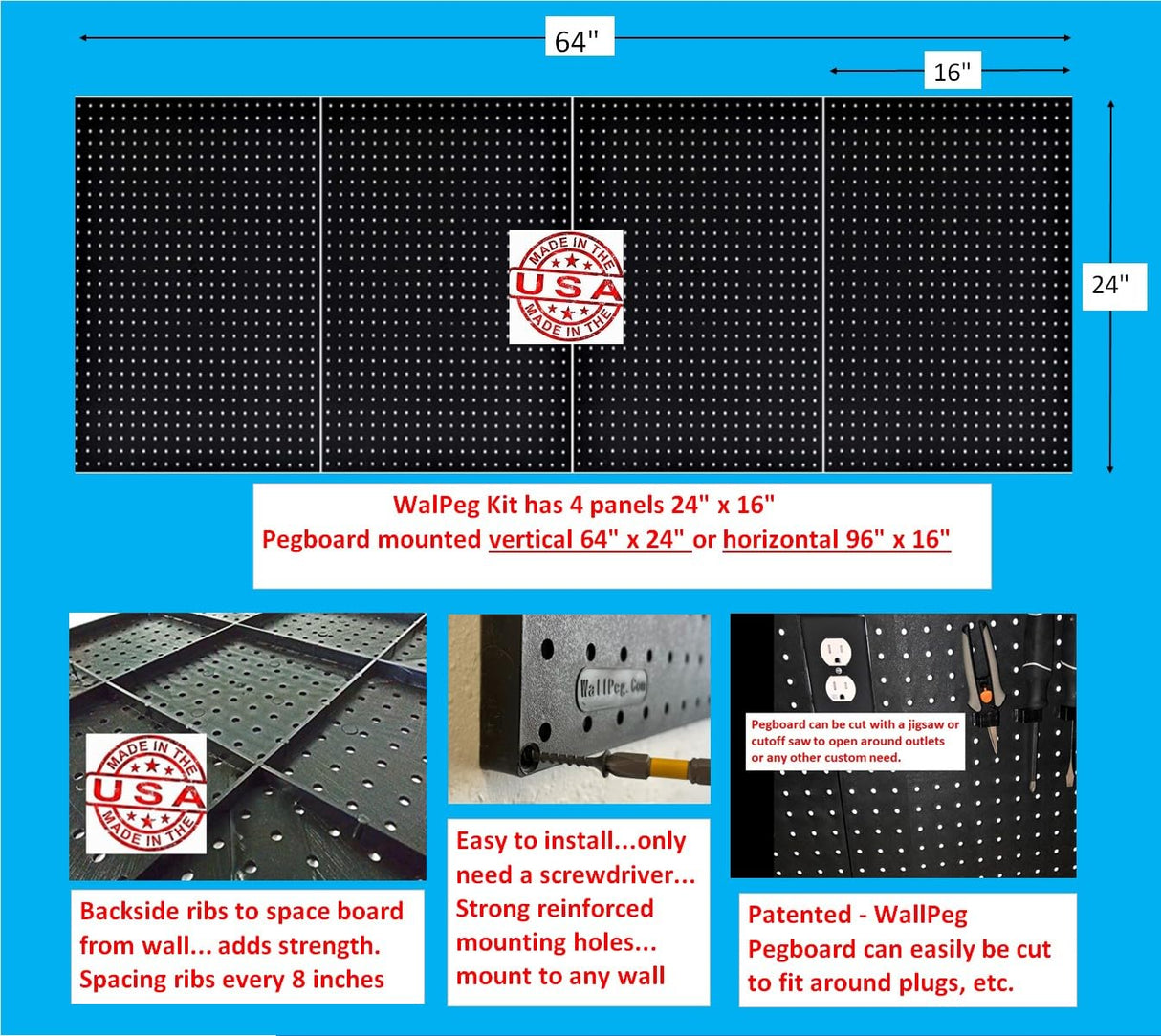 Made in USA Pegboard Wall Organizer 4 ea 24"x16" Plastic Pegboard Panels - 96” Wide - Kit P-212 B Garage Organization for Workbench Tool Storage WallPeg