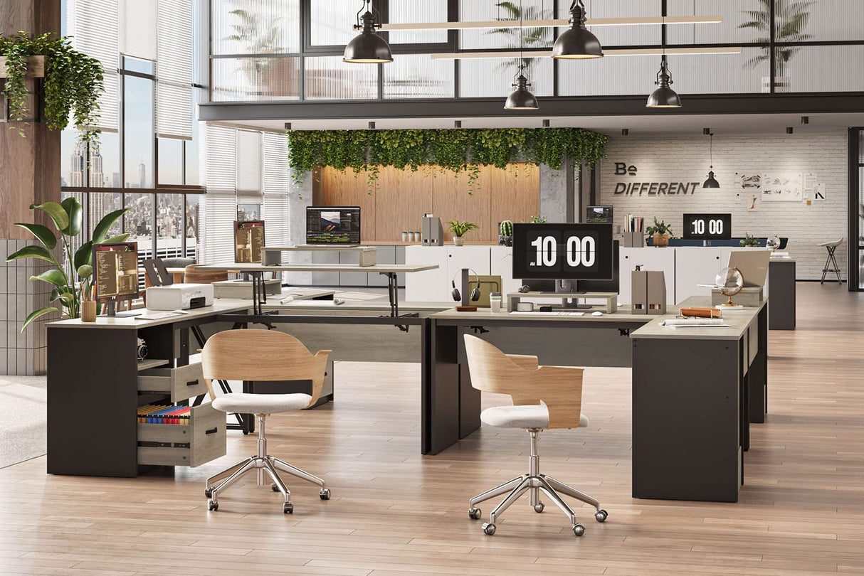 Bestier Lift Top L Shaped Desk with File Drawer, 55'' x 55'' Office Desk with Reversible Storage Drawers, L Shaped Standing Desk with Computer Bestier