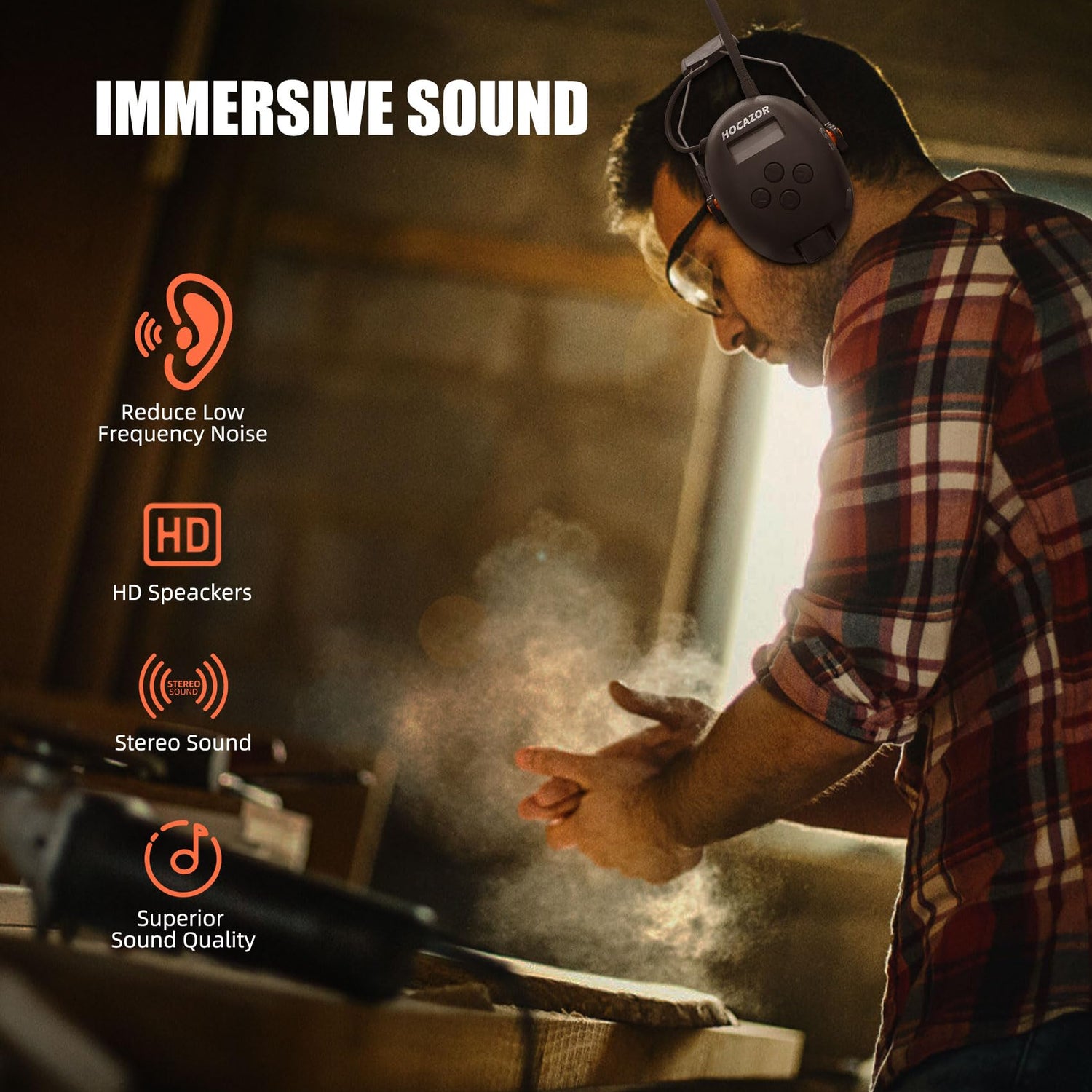 Hocazor HP033 Bluetooth 5.3 Hearing Protection AM FM Radio Headphones, 25dB NRR Noise Reduction Safety Earmuffs with 2000mAh Rechargeable Battery for Hocazor