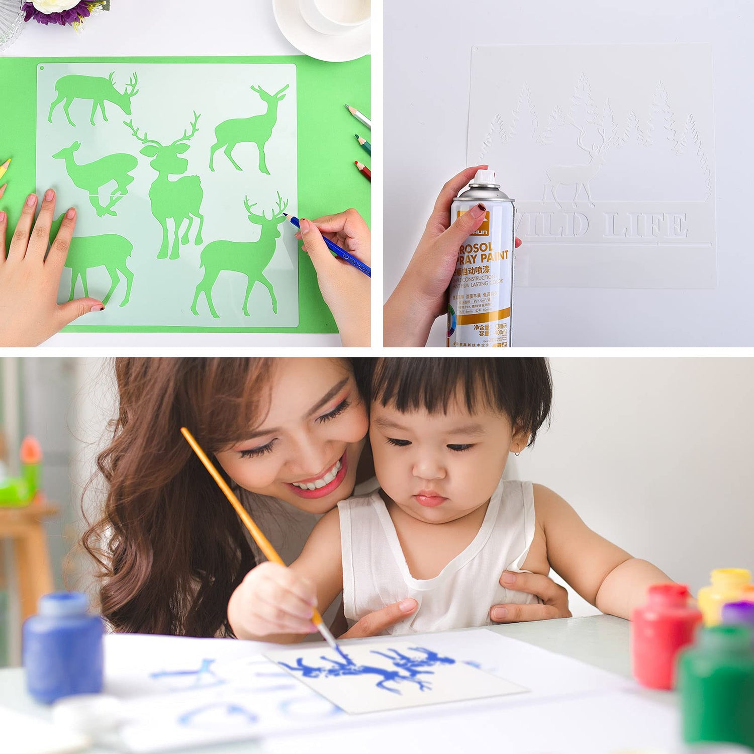 9 Pieces Forest Deer Mountain Stencils Moon Bamboo Pattern Stencils Animal Flower Reusable Templates Forest Theme DIY Stencils with Metal Open Ring Tenare