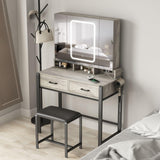 Fameill Vanity Desk with Lighted Mirror and Power Strip,Tri-Fold Mirror Makeup Vanity Table with Lights,2 Drawers Vanity Set with Hidden Storage Fameill