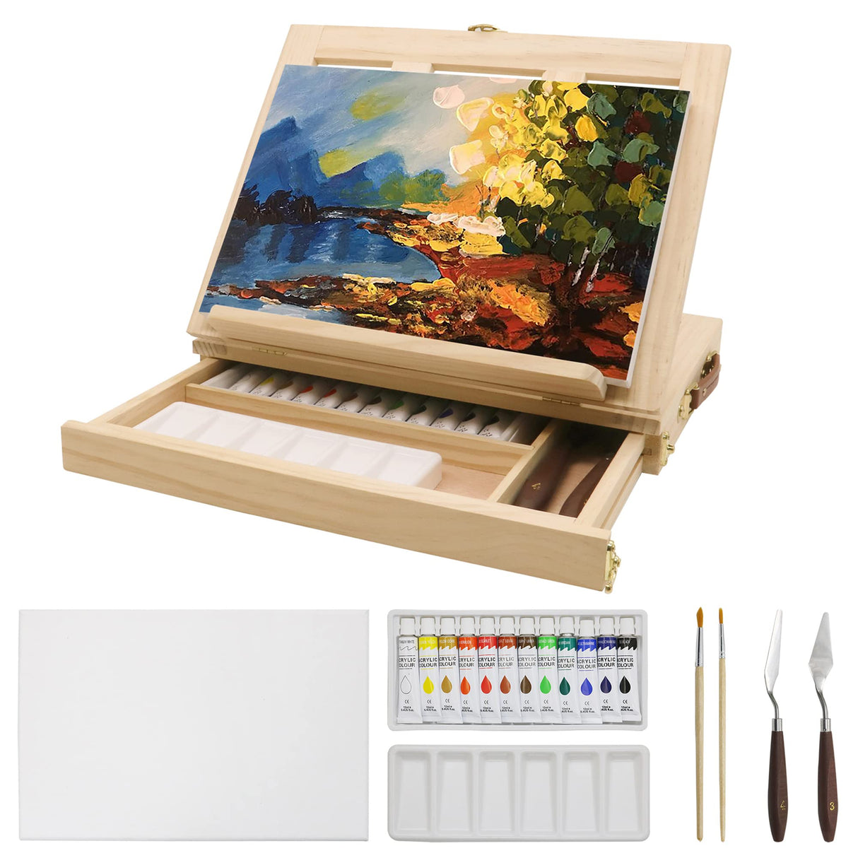 LUCYCAZ Tabletop Easel Set, Easel for Painting Canvases, Portable Wooden Art Easel Painting Kits for Adults Artist Kids, 12 Colors Acrylic Paints, 2 LUCYCAZ