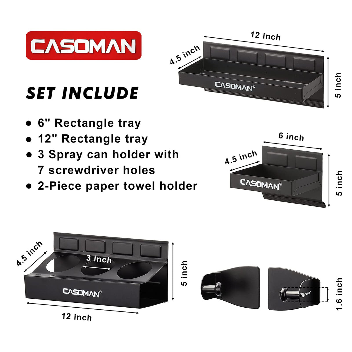 CASOMAN Magnetic Toolbox Shelf, Tray, Paper Towel Holder, 4-Piece Set, Black, Variety of Use, Durable, Magnets Any Metal Surface CASOMAN