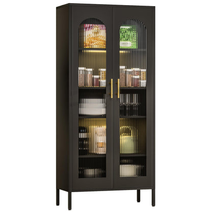 ZONLESON Metal Storage Cabinet,71" Kitchen Pantry Cabinet with Glass Doors，Tall Display Curio Cabinet with Doors and Shelves,Black Cabinet for Dining