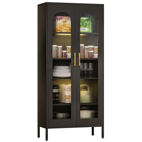 ZONLESON Metal Storage Cabinet,71" Kitchen Pantry Cabinet with Glass Doors，Tall Display Curio Cabinet with Doors and Shelves,Black Cabinet for Dining ZONLESON