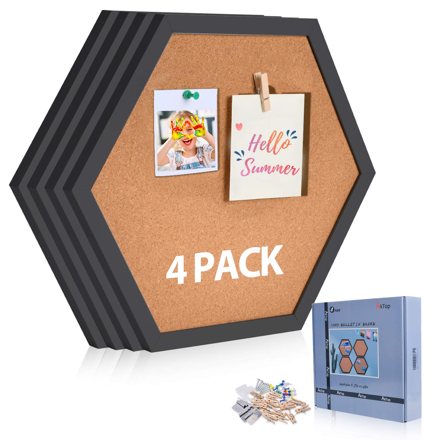 AkTop Cork Bulletin Board Hexagon 4 Pack, Small Framed Corkboard Tiles for Wall, Thick Decorative Display Boards for Home Office Decor, School AKTOP