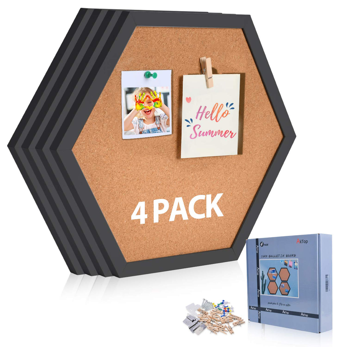 AkTop Cork Bulletin Board Hexagon 4 Pack, Small Framed Corkboard Tiles for Wall, Thick Decorative Display Boards for Home Office Decor, School AKTOP