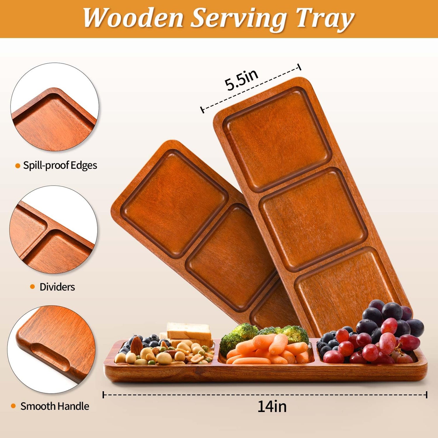 Lorbro Acacia Wood Serving Tray, 14" x 5.5" Wooden Serving Platter, 3 Section Rectangular Wooden Trays for Food, Cheese, Snacks, Fruit, Appetizer, Lorbro
