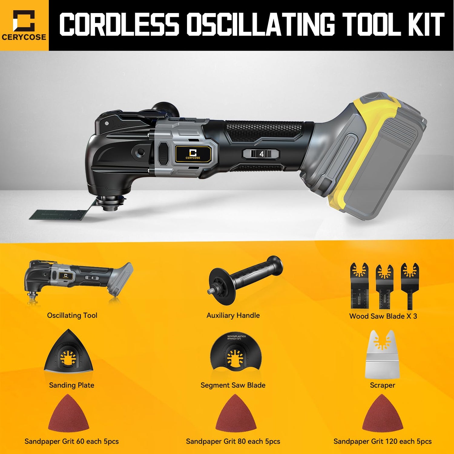 Cordless Oscillating Tool for Dewalt 20V Battery, Brushless-Motor Tool with Auxiliary Handle, 6 Variable Speed Oscillating Multi-Tool for Scraping, Cerycose