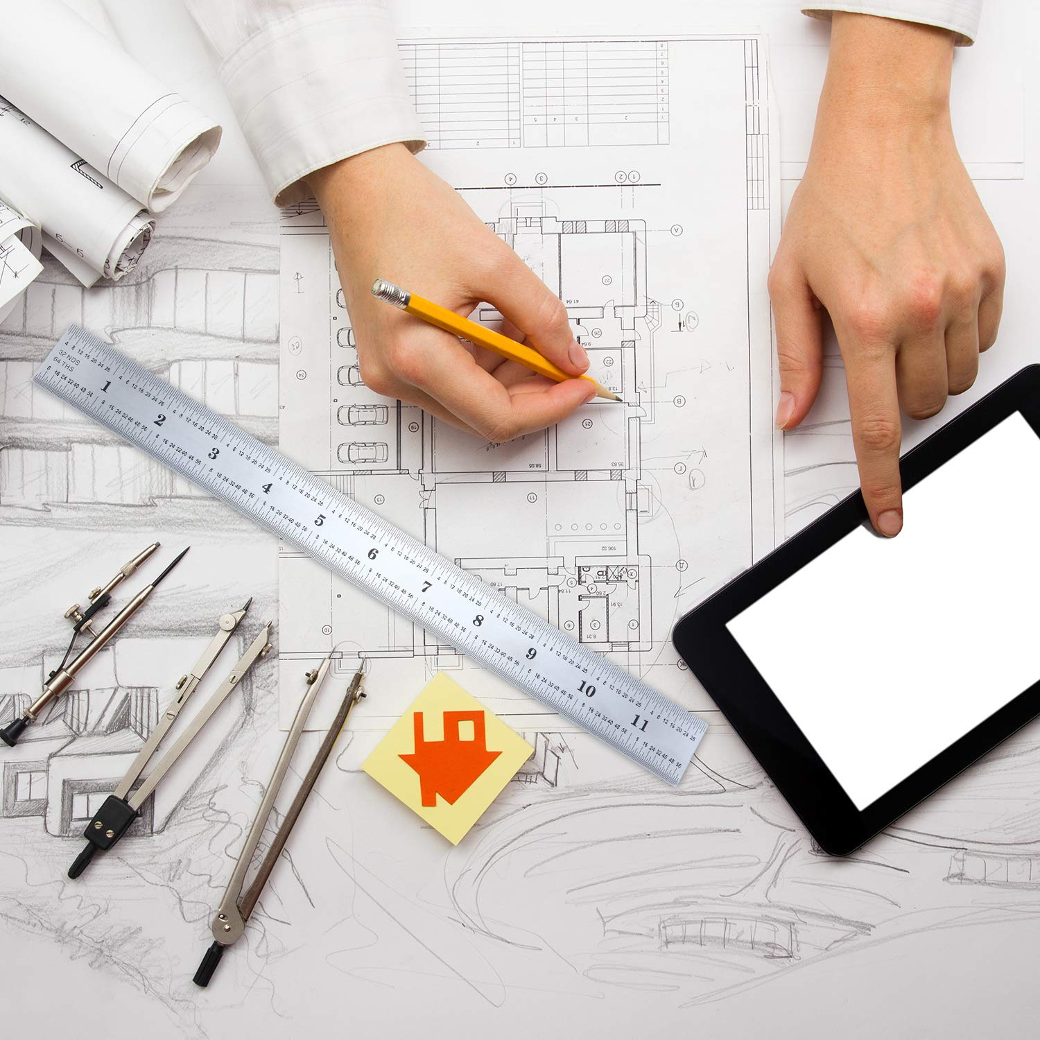 2 Pack Stainless Steel Ruler Machinist Engineer Ruler, Metric Ruler with Markings 1/8, 1/16, 1/32, 1/64 Inch for Engineering, School, Office, EBOOT