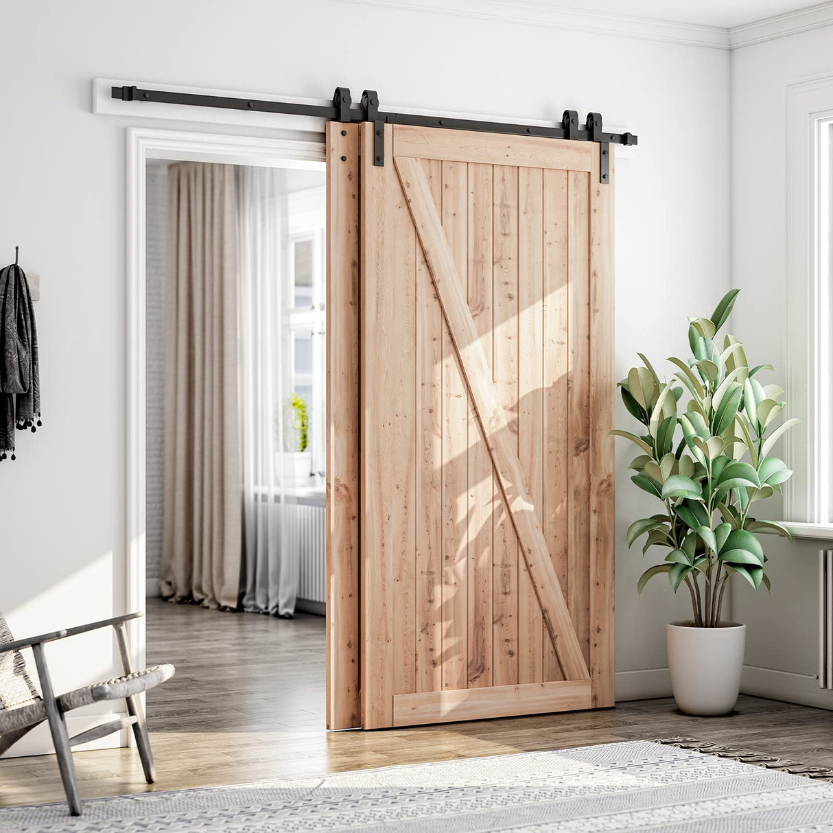 SMARTSTANDARD 7.5 Feet Bypass Sliding Barn Door Hardware Kit - for Double Wooden Doors-Single Track - Smoothly & Quietly - Easy to Install-Fit 78" SMARTSTANDARD