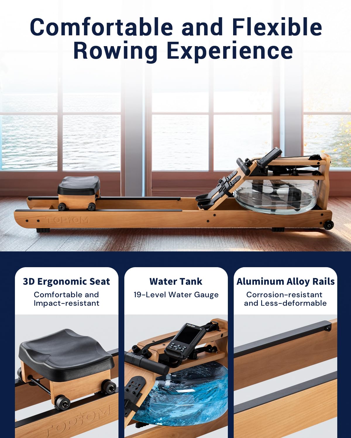 TOPIOM Water Rowing Machine with TM-3 Performance Monitor, 400 lbs Max Load, Oak Wood Rower Machine TOPIOM