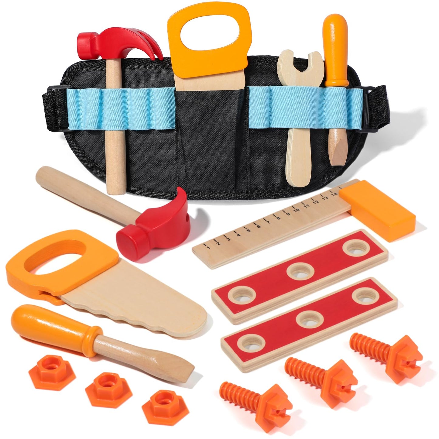 Popsunny Montesorri Wooden Tool Set for Toddlers Aged 3 4 5, Kids Construction Toy with Worker Belt Bag, Educational Pretend Play Kit for Boys Girls