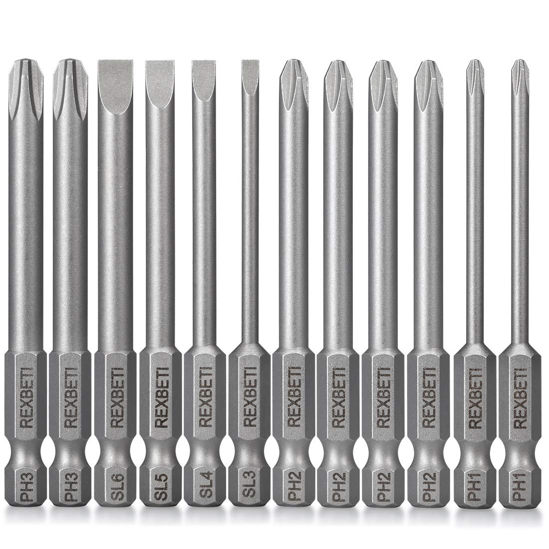 REXBETI 12 Piece Slotted Phillips Screwdriver Bit Set, 1/4 Inch Hex Shank S2 Steel Magnetic 3 Inch Long Drill Bits (Slotted Set) REXBETI
