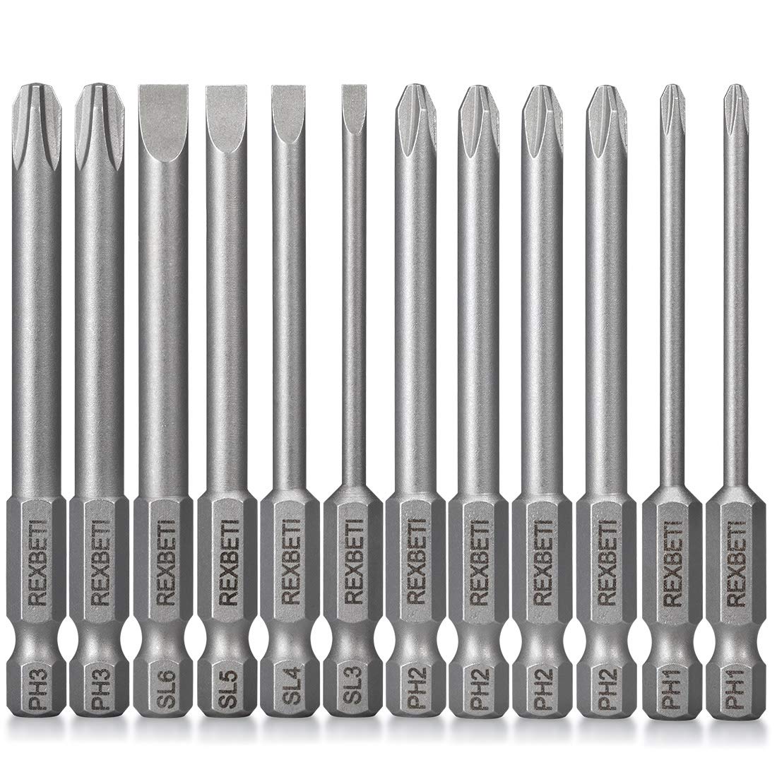 REXBETI 12 Piece Slotted Phillips Screwdriver Bit Set, 1/4 Inch Hex Shank S2 Steel Magnetic 3 Inch Long Drill Bits (Slotted Set) - WoodArtSupply