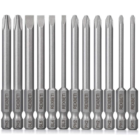 REXBETI 12 Piece Slotted Phillips Screwdriver Bit Set, 1/4 Inch Hex Shank S2 Steel Magnetic 3 Inch Long Drill Bits (Slotted Set) REXBETI