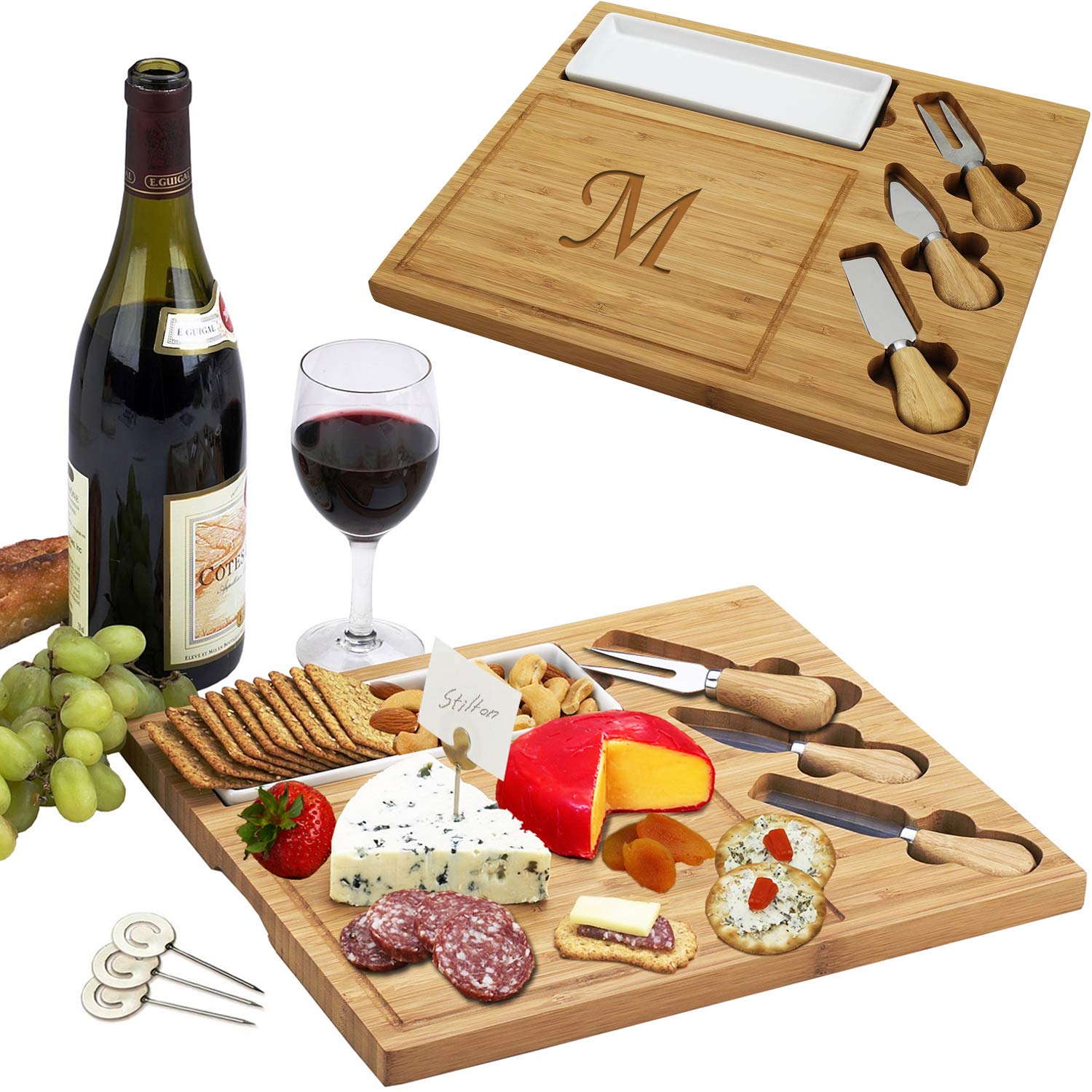 Picnic at Ascot Personalized Monogrammed Engraved Bamboo Cutting Board for Cheese & Charcuterie Platter- includes Knives, Ceramic Dish, & Cheese - WoodArtSupply