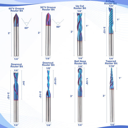 HQMaster CNC Router Bits 1/4 Inch Shank Carving Bit Set for Wood Detail Profile V Groove Engraving Solid Carbide CNC Router Bit Collection - WoodArtSupply