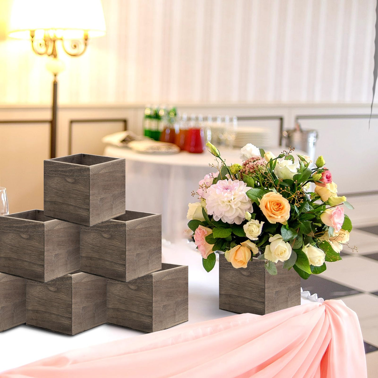 Suzile 12 Set 4 Inch Wooden Planter Box Square Wood Flower Box Rustic Cube Planter Box with Removable Foam Blocks Liner Square Vase for Centerpiece Suzile