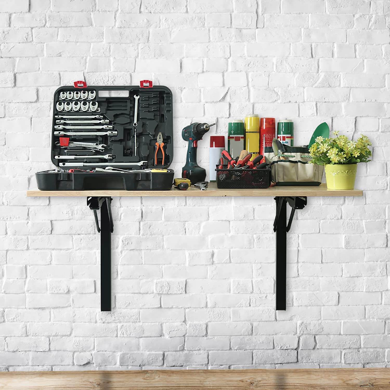 Wallmaster Wall Mounted Folding Workbench Heavy Duty Fold Down Table Utility Bench Solutions Laundry Shelf Wall Desk with Metal Shelf Bracket (47 x Wallmaster