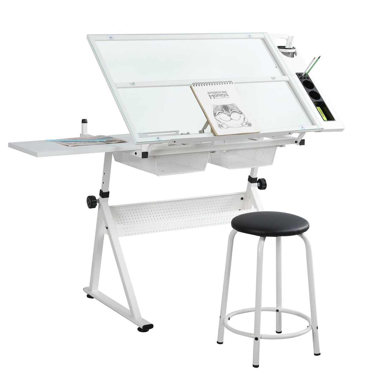 KAAYEE Premium Drawing Draft Table - Height Adjustable Draft Drawing Desk,Up to 72°Tiltable Glass top w/Stool and Drawers for Reading, Writing Art KAAYEE