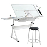 KAAYEE Premium Drawing Draft Table - Height Adjustable Draft Drawing Desk,Up to 72°Tiltable Glass top w/Stool and Drawers for Reading, Writing Art KAAYEE