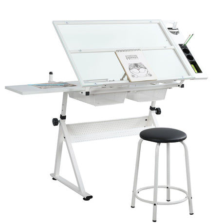 KAAYEE Premium Drawing Draft Table - Height Adjustable Draft Drawing Desk,Up to 72°Tiltable Glass top w/Stool and Drawers for Reading, Writing Art KAAYEE