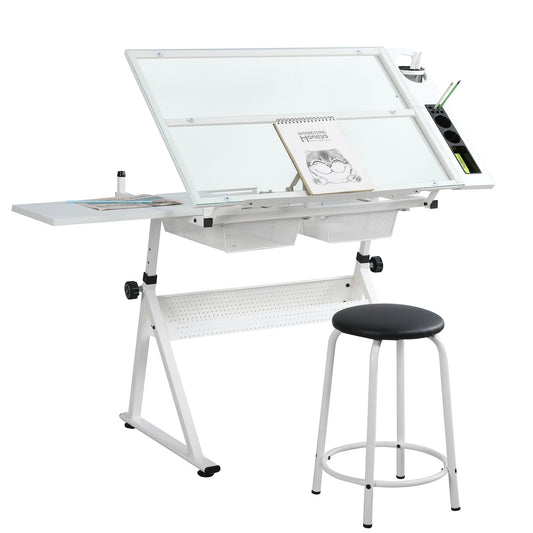 KAAYEE Premium Drawing Draft Table - Height Adjustable Draft Drawing Desk,Up to 72°Tiltable Glass top w/Stool and Drawers for Reading, Writing Art - WoodArtSupply