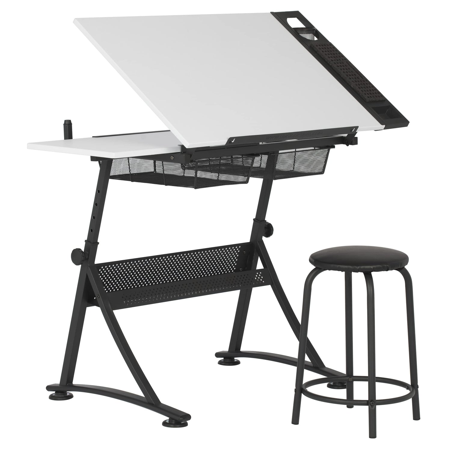 47" W Fusion Craft Center with 24" Supply Tray, 60 Degree Angle Adjustable Top and Height Adjustable from 27.75" – 35.5" when Flat, Stool and SD STUDIO DESIGNS