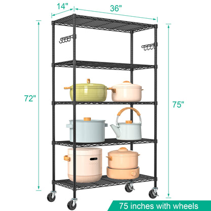 Folews 5 Tier Storage Shelves with Wheels - Metal Shelves for Storage Adjustable Wire Shelving Unit Organizer Storage Rack Shelf for Kitchen Garage - WoodArtSupply