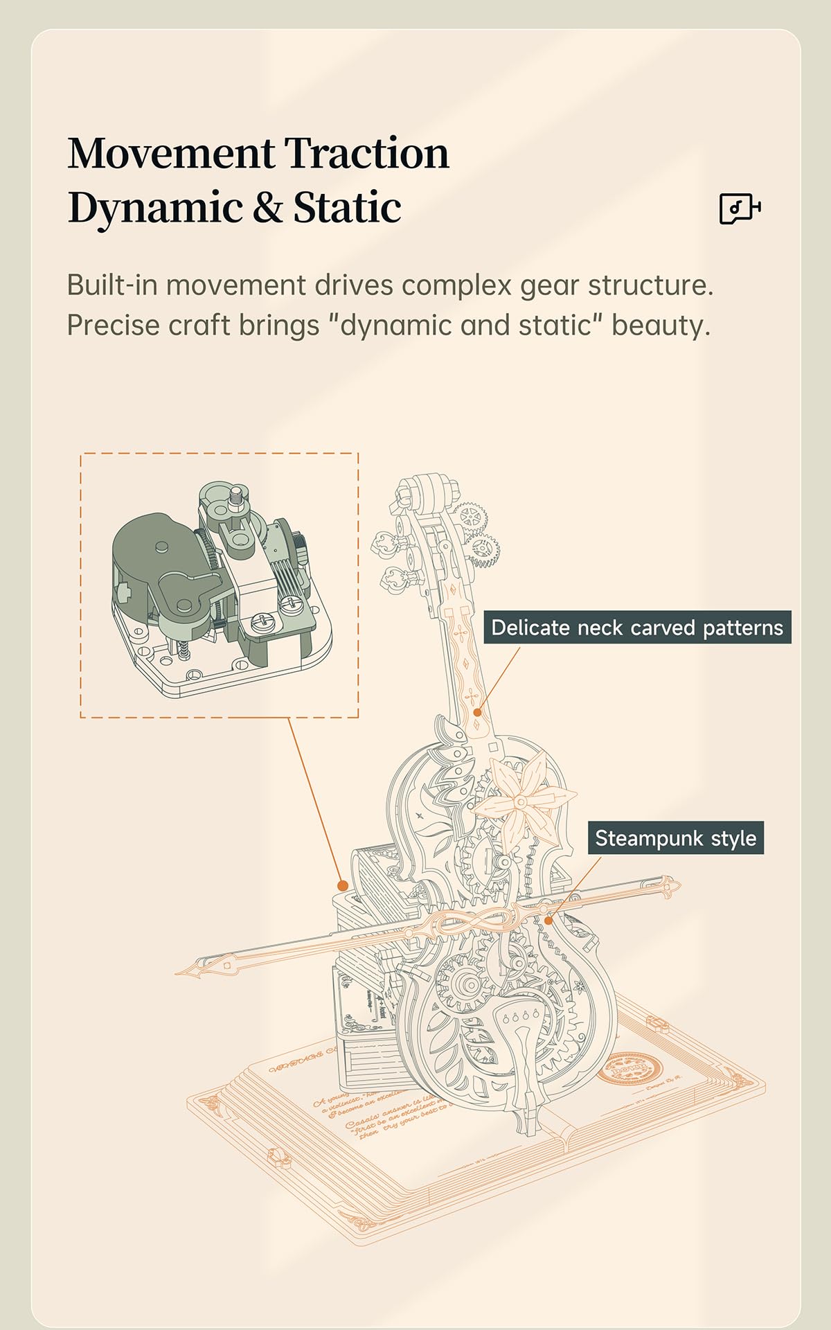 ROBOTIME AMK63 3D Puzzles for Adults, Mechanical Wooden Music Box Puzzle Kit, Magic Cello Model Kits to Build, Unique Gift for Her/Him Aesthetic Desk ROBOTIME